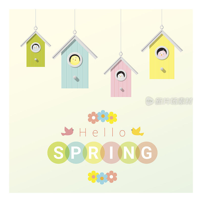 Hello spring background with little birds in birdhouses 2